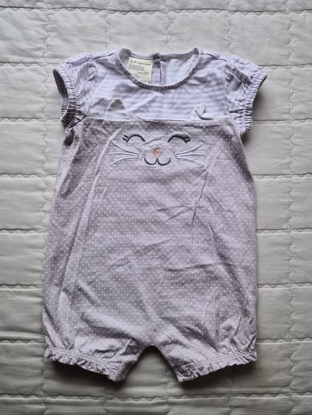 First Impressions Lavender and White Cat Applique One-Piece Bodysuit